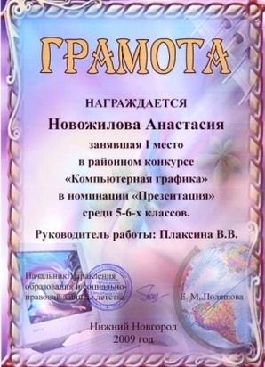 Новожилова Анастасия заняла 1 место в районном конкурсе по компьютерной графике